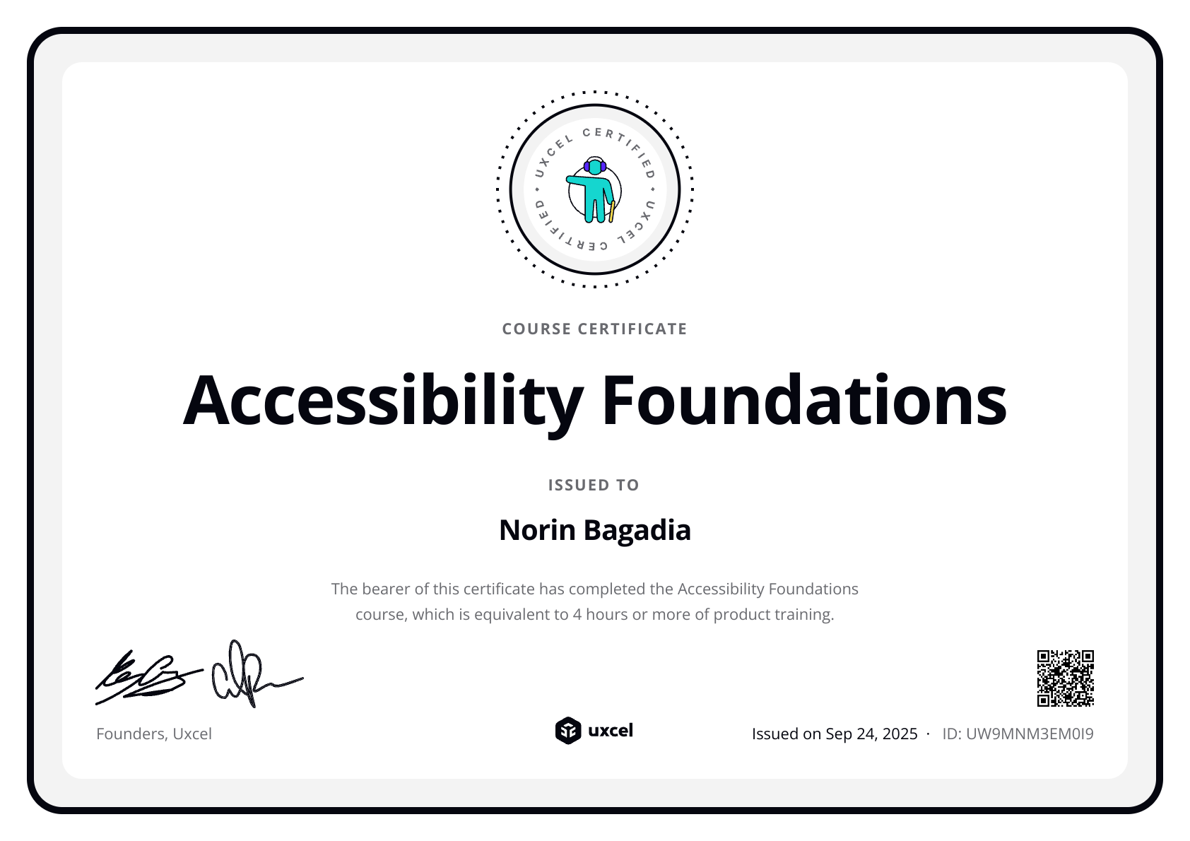 Norin Bagadia's certificate